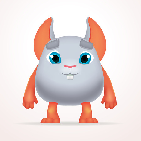 Cute gray mouse mutant. Fun Fluffy fat rabbit character isolated on light background. Silly cartoon monster for kids designのイラスト素材