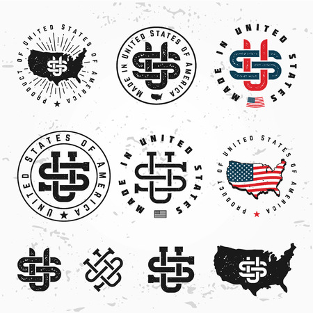 Made in USA monogram icon. Vintage America icon design. Retro United States seal. US label illustration. Hipster t-shirt graphic.のイラスト素材