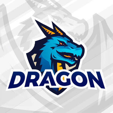 Dragon on shield sport mascot. Football or baseball patch concept. College league insignia, School team icon.のイラスト素材