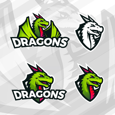 Dragon icon template. Sport mascot design. College league insignia, Asian beast sign, Dragons illustration, School teamのイラスト素材