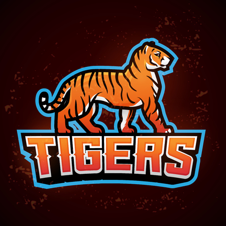 Tiger mascot vector. sport logo design template. Football or baseball illustration. College league insignia, School team logotype on fire backgroundのイラスト素材