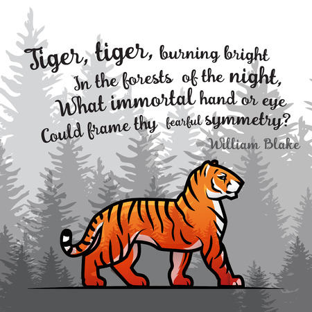 Bengal Tiger in forest poster design. Double exposure vector template. Old poem by William Blake illustration on foggy backgroundのイラスト素材
