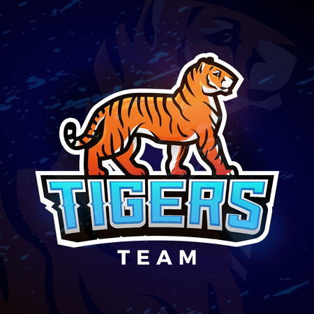 Tiger sport logo vector. Mascot design template. Football or baseball illustration. College league insignia, High School team logotype on dark backgroundのイラスト素材