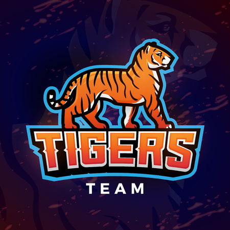tiger mascot vector. Sport logo design template. Football or baseball illustration. College league insignia, School team logotype on dark backgroundのイラスト素材