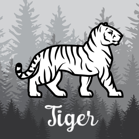 Double exposure White Tiger in forest poster design. vector illustration on foggy backgroundのイラスト素材