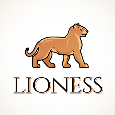 Lioness logo vector. Lion design template. Shop or boutique illustration. Big cat insignia, Cougar logotype on light backgroundのイラスト素材