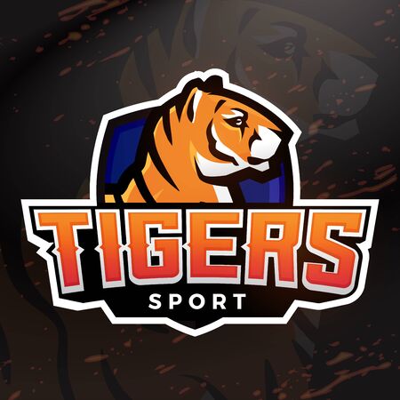 Tiger shield sport mascot template. Premade football, basketball or baseball patch design. College league insignia, High school team vector.のイラスト素材