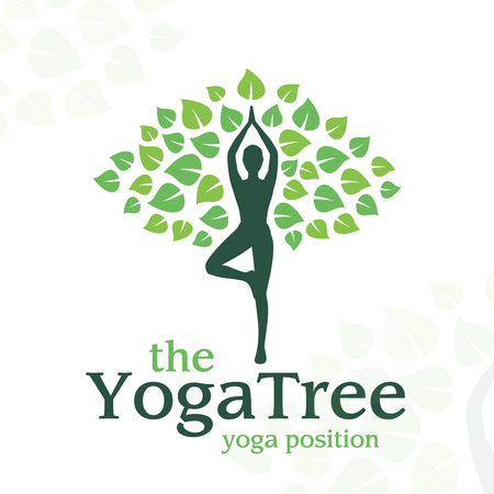 Vector yoga logo concept. tree position insignia design. Wellness center illustration. Girl with leaves on white backgroundのイラスト素材