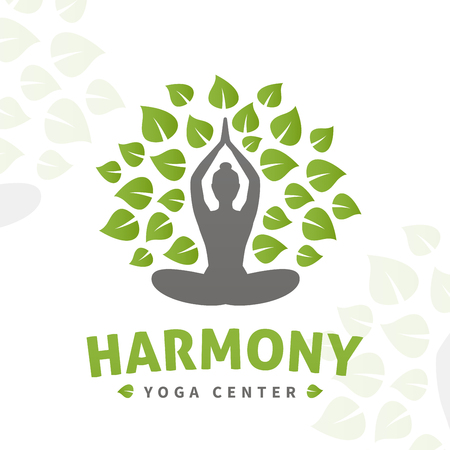 Vector yoga tree logo concept. Harmony insignia design. Wellness center illustration. Girl with leaves on white backgroundの写真素材