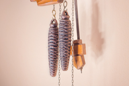 Coocoo clocks weights with pendulum.の写真素材