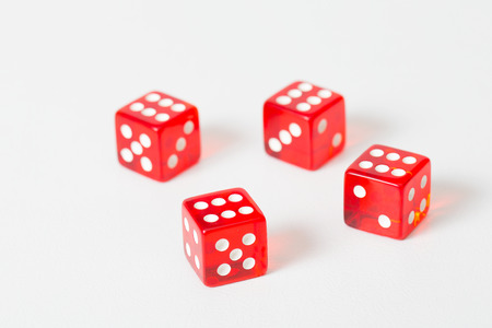 Game red dices isolated white with max result. Six  on all cubes. Winner. Soft focus put only on first dice.の写真素材