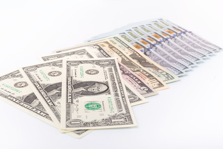 Dollar banknotes fon 1 to 100 illustration of up-to success process. White background.の写真素材