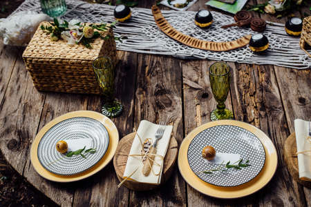 Wedding decor in boho style. Table of the bride and groomの写真素材