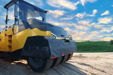 Asphalt concrete wheel roller for compacting asphalt concrete mix.の写真素材