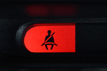 Red warning light on the car panel, not fastened with a seat belt. Close-up