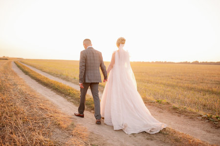 The bride and groom walk hand in hand along the path in the field,admiring the sunset.View from the back.Wedding conceptの写真素材