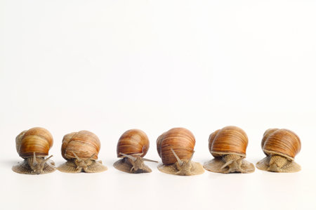 Garden snails on a white background. Six snails in a row.Cosmetic product concept with snail mucin, rejuvenation, beauty services, snail therapy. Snail farm.の写真素材