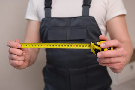 A male furniture assembler in uniform holds a tape measure in his hands, close-up. Construction...