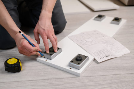 Furniture assembly. The worker makes markings with a pencil for installing furniture legs....
