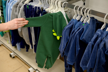 A woman chooses childrens clothes,close-up.A woman buyer chooses clothes for a child,high-quality childrens clothing.の写真素材