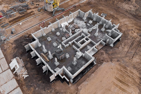 Construction site. The foundation for the construction of the building has begun. Aerial view.