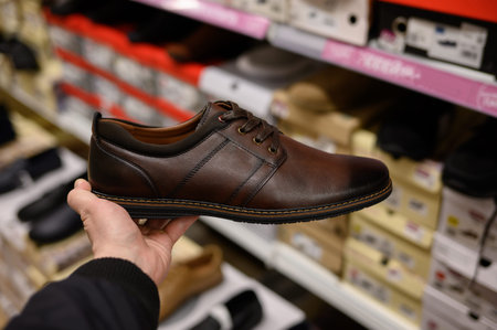 A man chooses shoes in a shopping center in the shoe department, close-up. A man holds brown shoes...