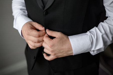 Portrait of a fashionable man fastening a button on jacket, close-up.Wedding day. Young modern...