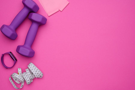 Layout of two rubberized dumbbells of 2 kg of purple color, a measuring tape, a fitness bracelet, fitness elastic band on a pink background, top view. Fitness exercises.Lifestyle,sports equipment.の写真素材