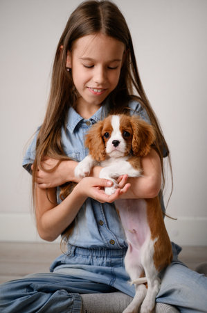 Happy girl holds cute Cavalier King Charles Spaniel puppy in her arms and looks at him with love. Taking care of your first pet, relaxing during holidays , friendship between child and dog. Vertical .の写真素材