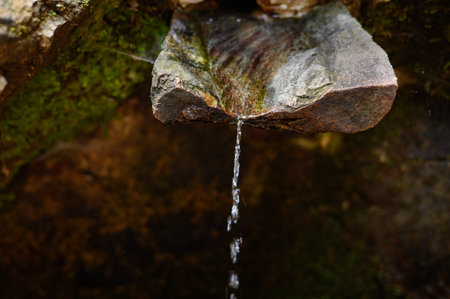 Clean spring water runs down mountain and flows in thin stream into a stone drinking fountain,...