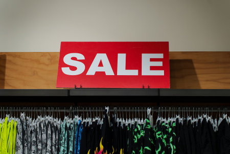 Red sale tag hanging in retail clothing store, close-up. Discounts and promotions in shopping malls, seasonal clothing sales. Black Fridayの写真素材