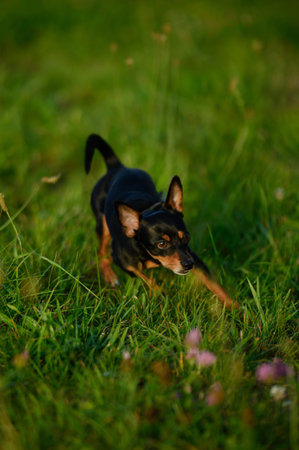 Small dog runs fast on grass, flowering meadow, close-up. Small dog takes part in pet race. Running dog concept. Verticalの写真素材