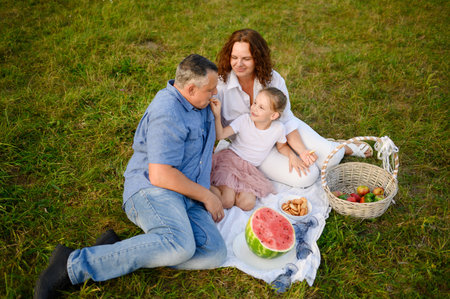 Summer family picnic. Mom, dad and daughter enjoying time together on meadow in park, eating cookies...