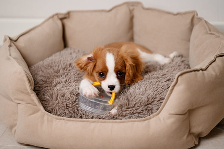 Cute cavalier king charles spaniel puppy with a yellow box with handle, lying on a dog bed. Pet...