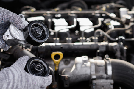 Auto mechanic holds tension and idler pulley for drive aggregate multi-groove belt. Concept of...