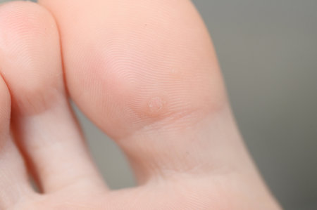 Close-up of plantar wart on big toe caused by human papillomavirus (HPV). Common wart (Verruca vulgaris) is flat wart found on foot.の写真素材