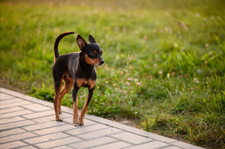 Curious Pinscher walks along sidewalk, curiously examining everything around him. Smooth-haired Toy Terrier goes for walks on its own.の写真素材