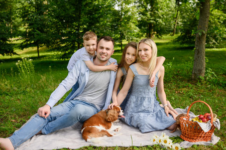 Happy family outing, family enjoying outdoors with pet during picnic. Cheerful family poses on...