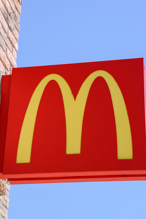 Antalya, Turkey - June 27, 2025: Close-up of McDonalds logo on restaurant sign against sky. Worlds...