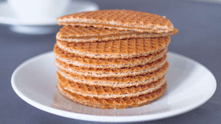 Close up of traditional Dutch cookies Stroopwafelsの写真素材