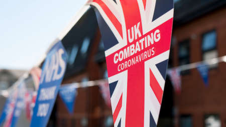 A Union Jack flag with Coronavirus messageの写真素材