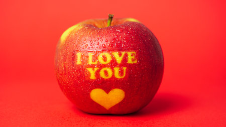 Valentine's Day themed apple with I Love You message and a heart symbol on a red backgroudの写真素材