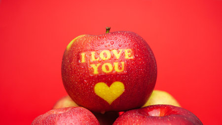Valentine's Day themed apple with I Love You message and a heart symbol on a red backgroudの写真素材