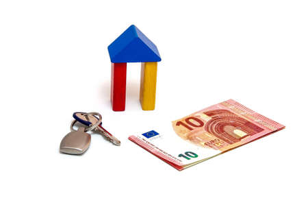 The house made from wooden toy blocks with euro moneyの写真素材