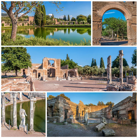 The Hadrian's Villa (Villa Adriana in Italian) is a large Roman archaeological complex at Tivoli, Italy. It was meant to be a retreat from Rome for the Emperor in the early 2nd century.の写真素材