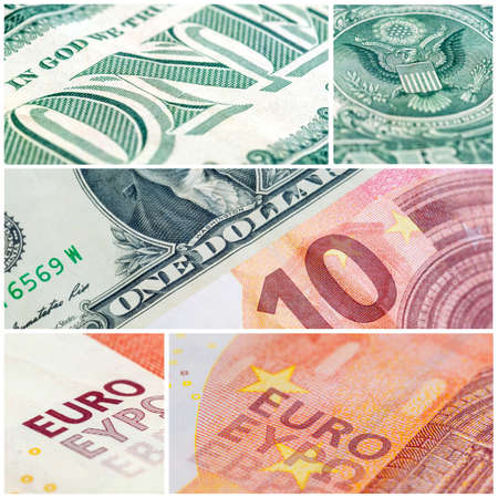 U.S. one dollar bill and ten euro collageの写真素材
