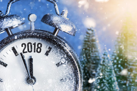 New Year 2018 - Celebration With Dial Clock On Snow And Trees