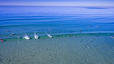 Surfers and surfboards from above in La Jolla, Californiaの写真素材