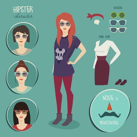 Hipster girl character with hipster elements style fashion illustration flat designのイラスト素材