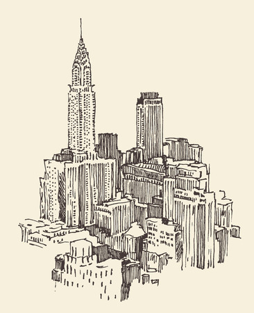 New York city architecture, vintage engraved illustration, hand drawnのイラスト素材